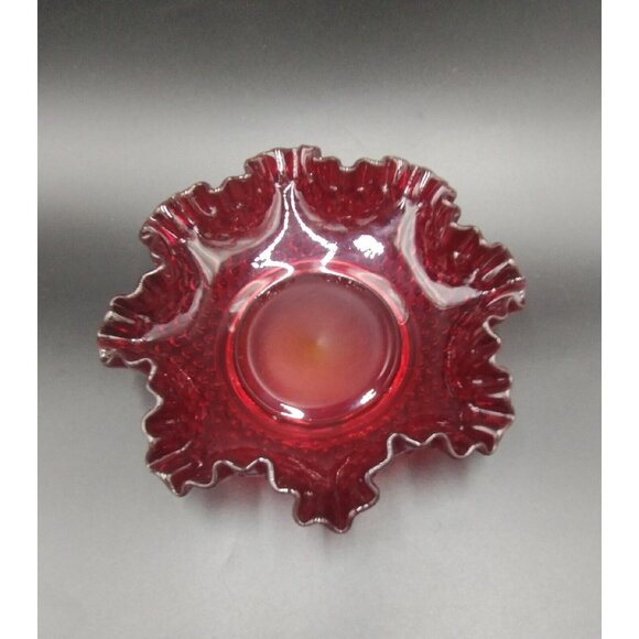 Fenton Hobnail Ruby Red Amberina Glow Ruffle Glass Candy Dish - Picture 13 of 16